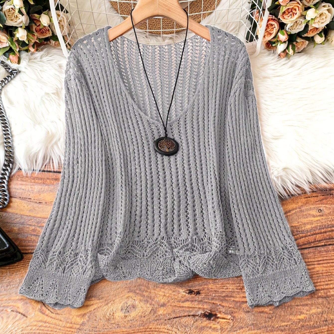 Hollow-out Spring And Summer Long Sleeves Knitted V-neck Plus Size Women's Long-sleeved Sweater