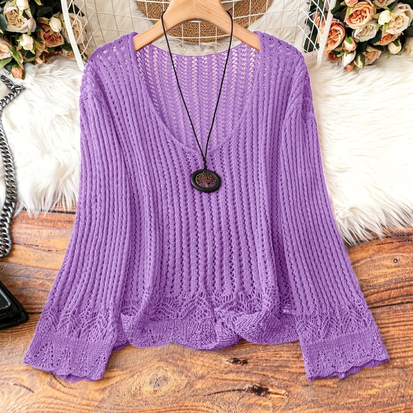 Hollow-out Spring And Summer Long Sleeves Knitted V-neck Plus Size Women's Long-sleeved Sweater
