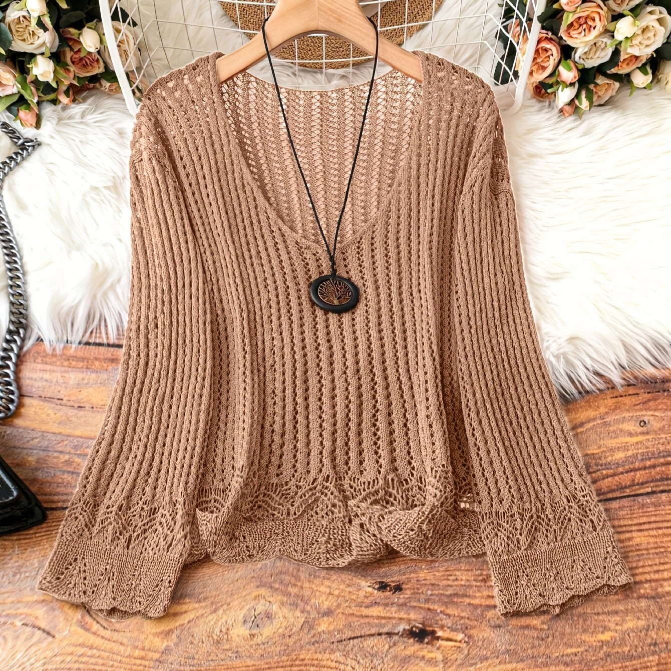 Hollow-out Spring And Summer Long Sleeves Knitted V-neck Plus Size Women's Long-sleeved Sweater