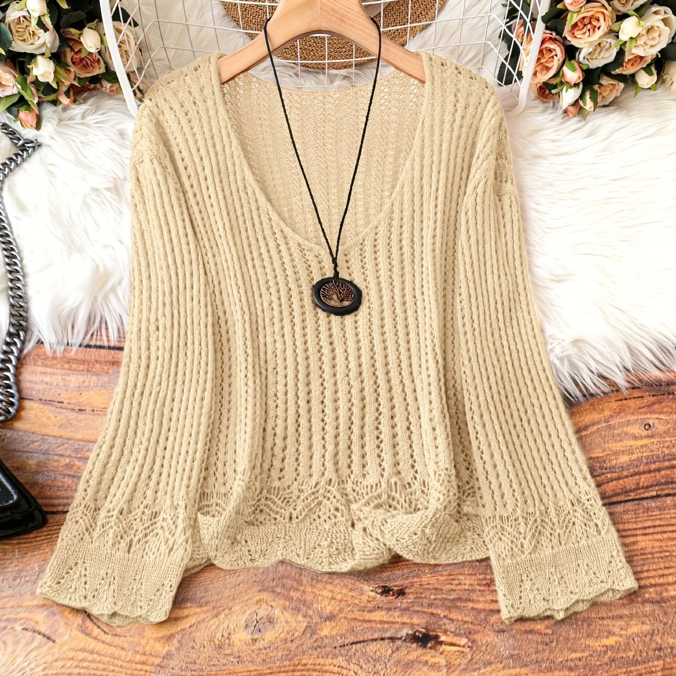Hollow-out Spring And Summer Long Sleeves Knitted V-neck Plus Size Women's Long-sleeved Sweater