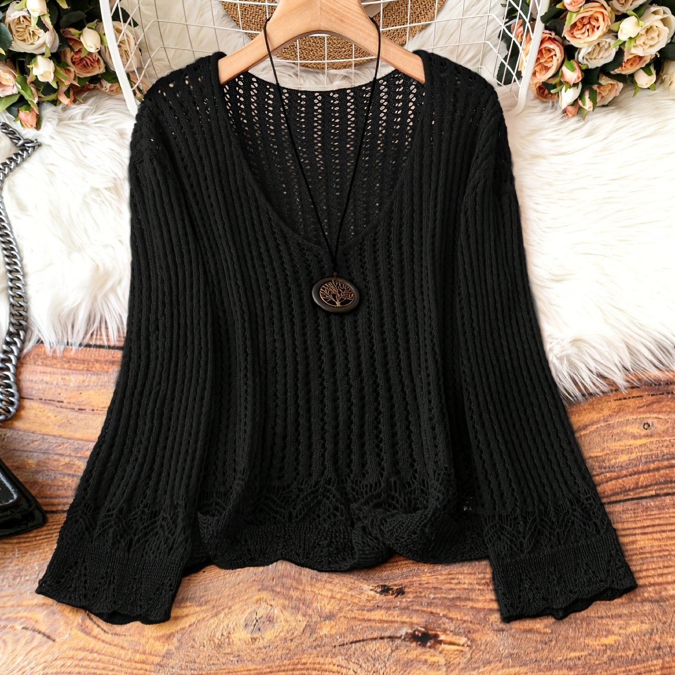 Hollow-out Spring And Summer Long Sleeves Knitted V-neck Plus Size Women's Long-sleeved Sweater