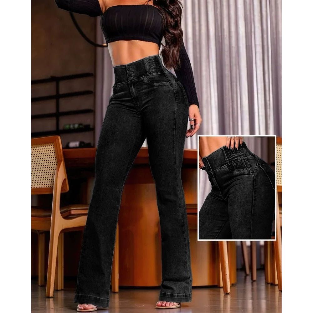Elastic Waistband High Waist Button Stretch Tight Skinny Pants Denim - GLAMORIE