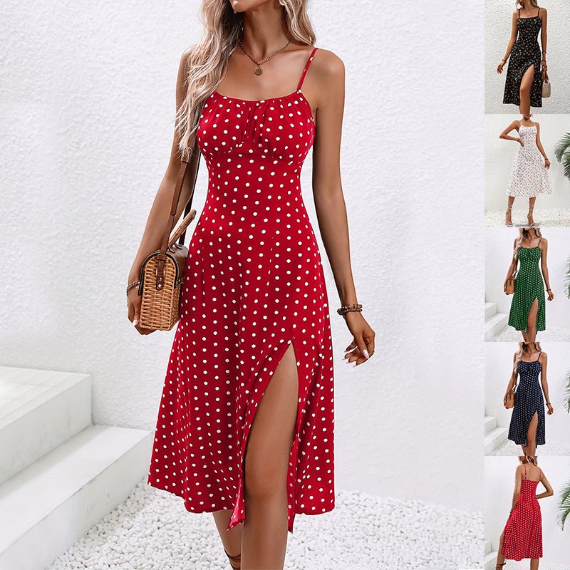 New Polka Dot Print Suspender Dress Summer Sexy Split Long Dresses For Womens Clothing - GLAMORIE