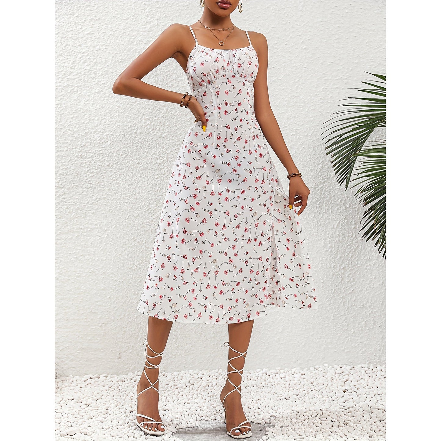 New Polka Dot Print Suspender Dress Summer Sexy Split Long Dresses For Womens Clothing - GLAMORIE