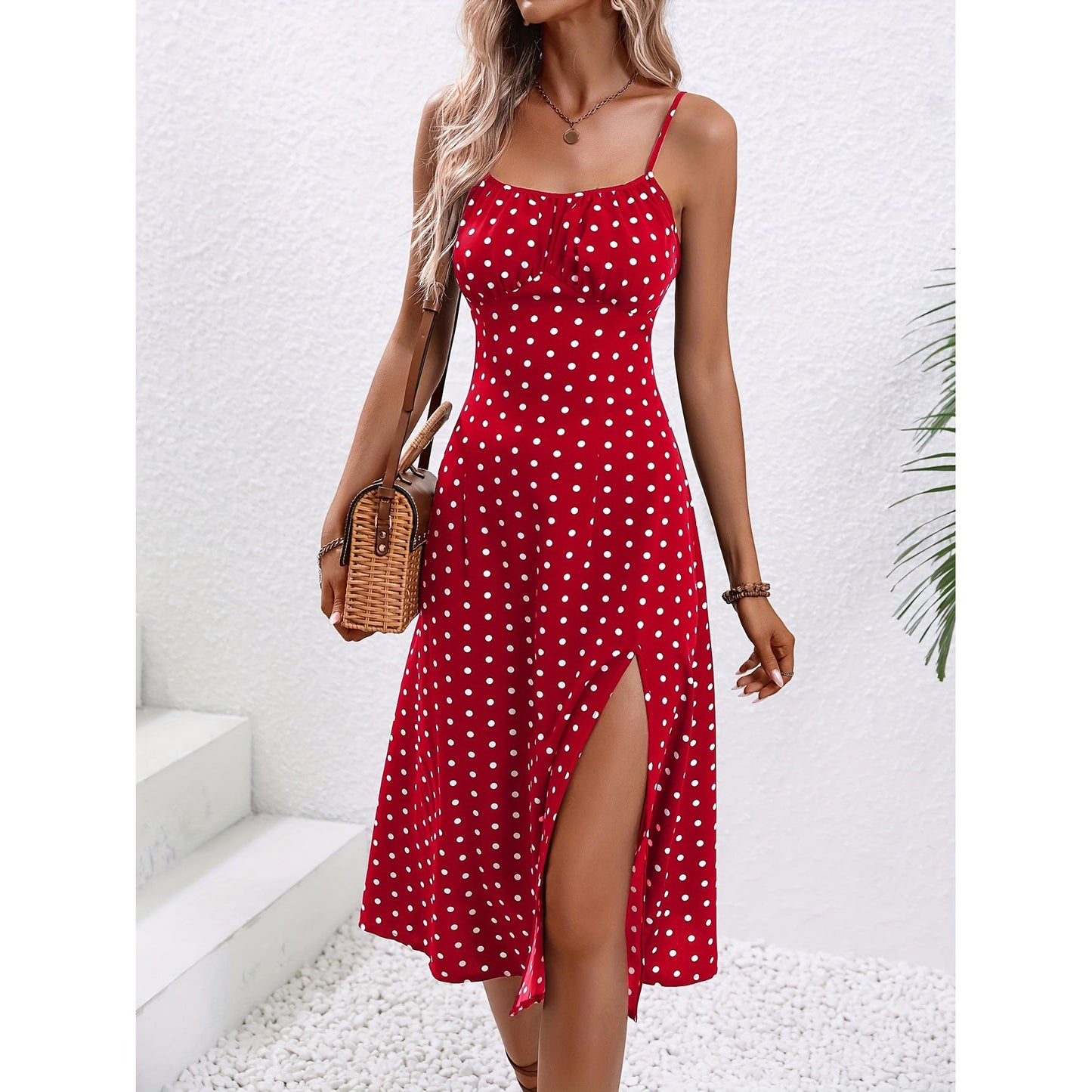 New Polka Dot Print Suspender Dress Summer Sexy Split Long Dresses For Womens Clothing - GLAMORIE