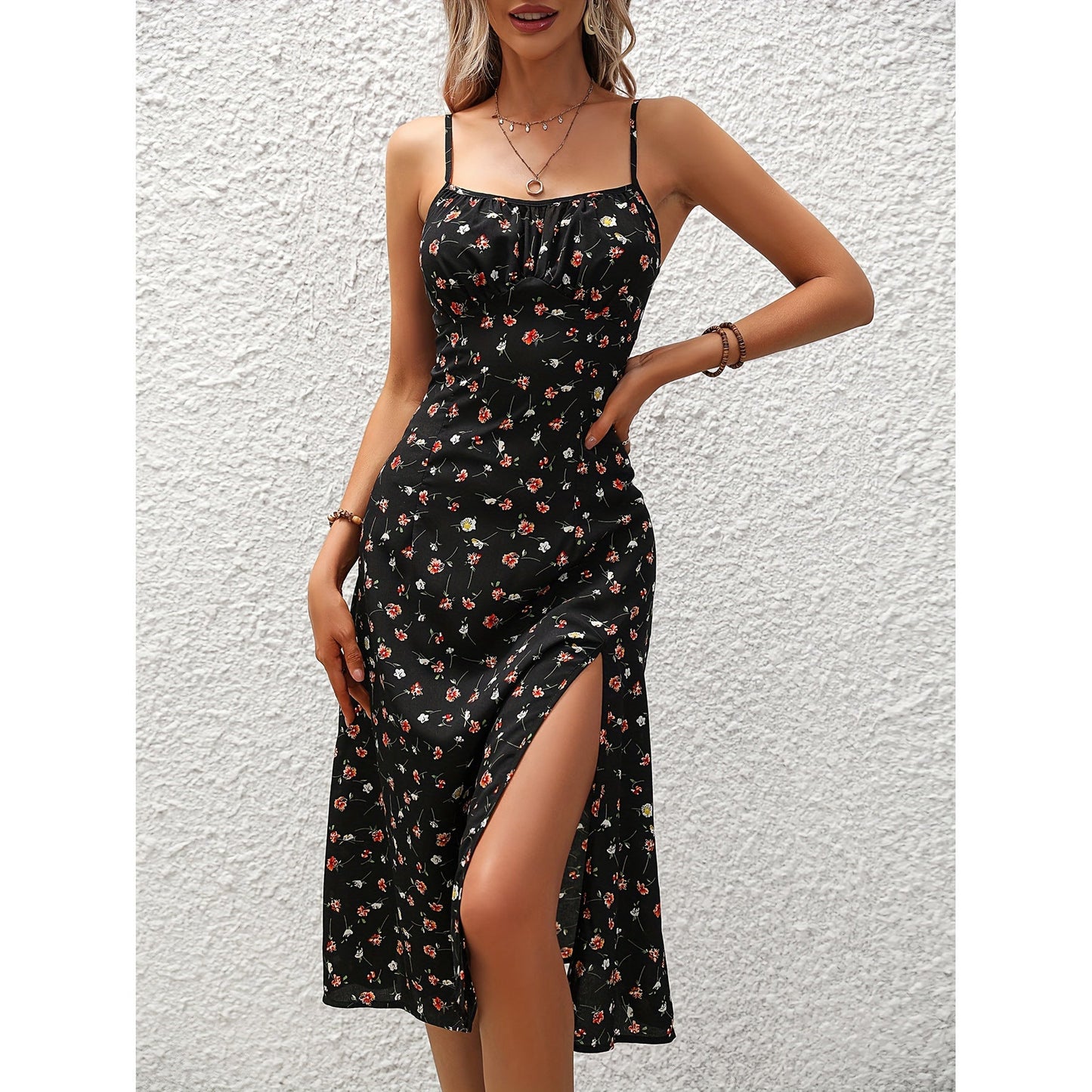 New Polka Dot Print Suspender Dress Summer Sexy Split Long Dresses For Womens Clothing - GLAMORIE