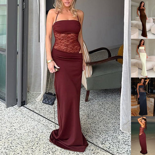Y2K Lace Suspender Dress Fashion Sexy Lace Long Dresses Party Evening Club Beach Clothing For Women - GLAMORIE